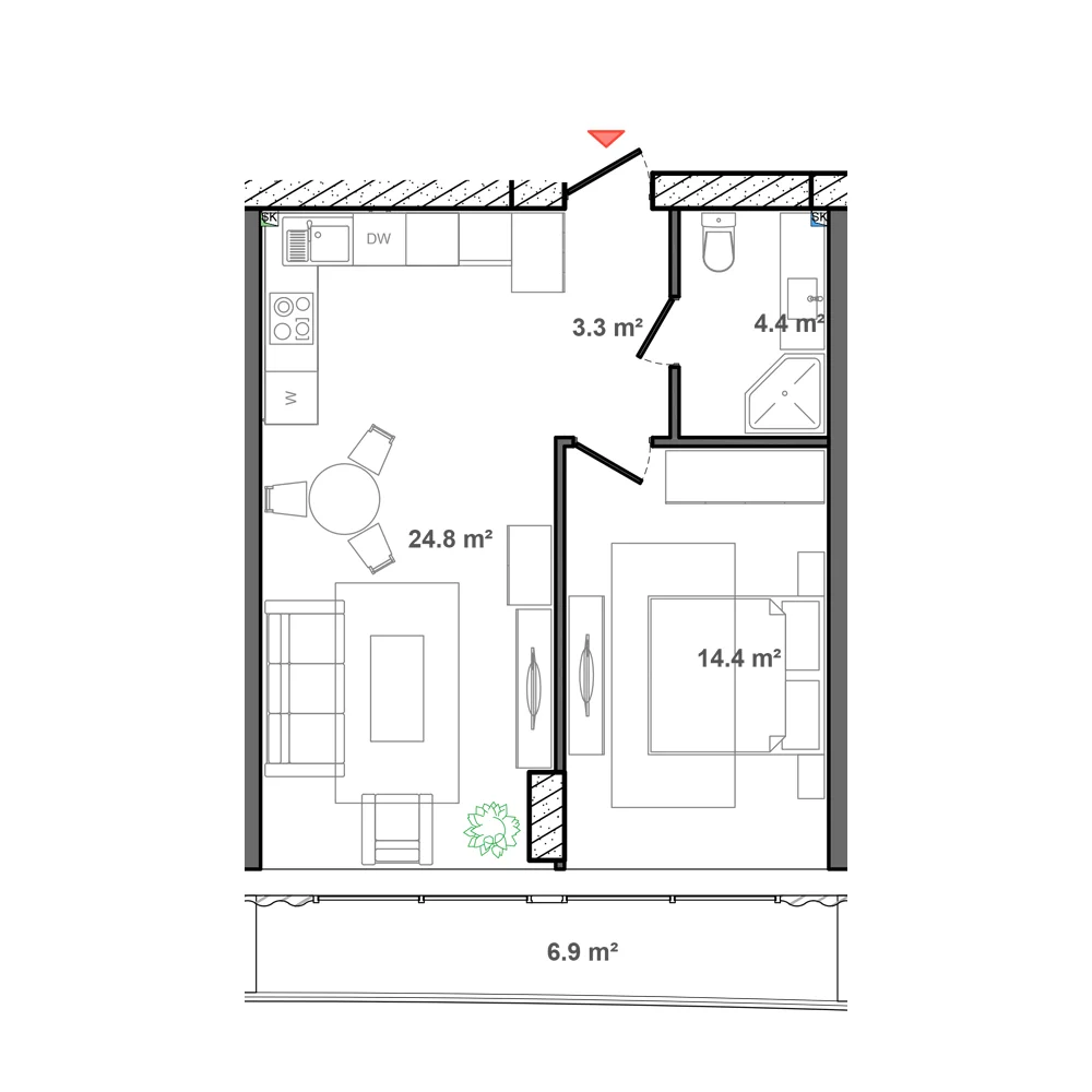 1 otaqlı plan, plan 2