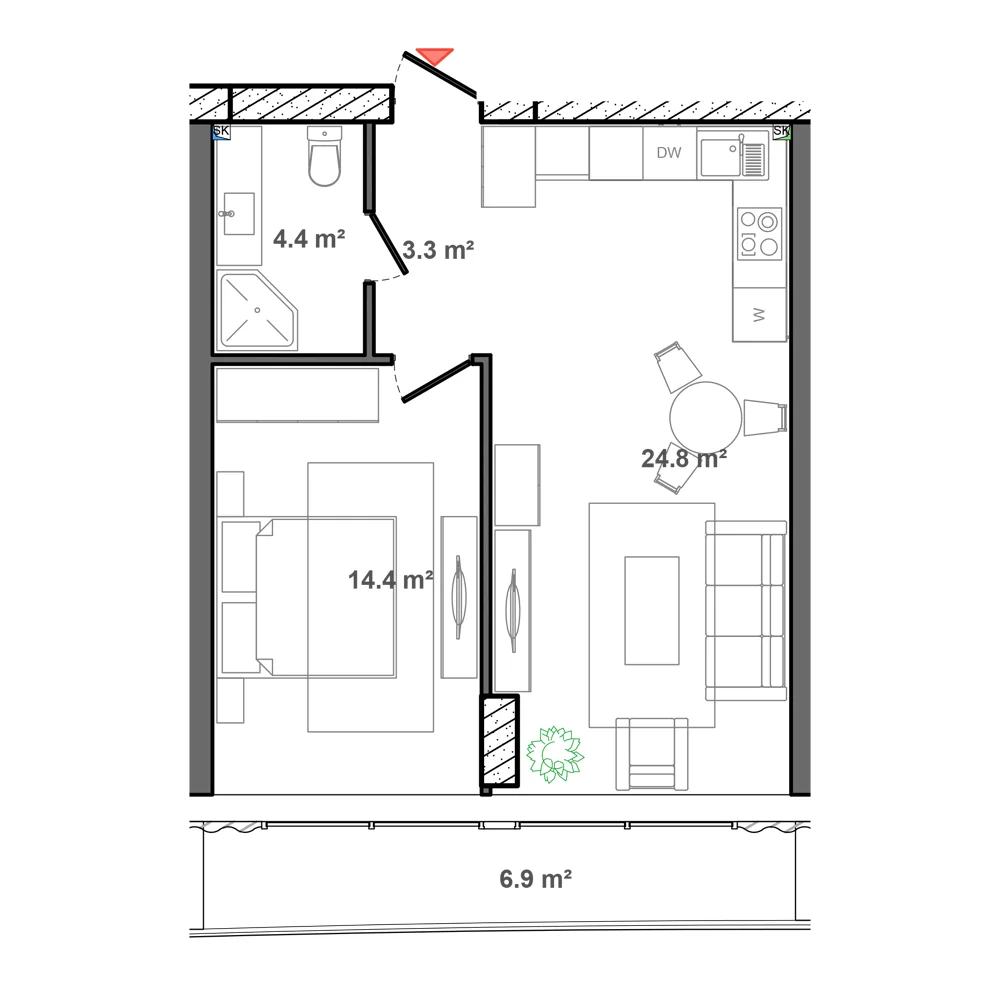 1 otaqlı plan, plan 7