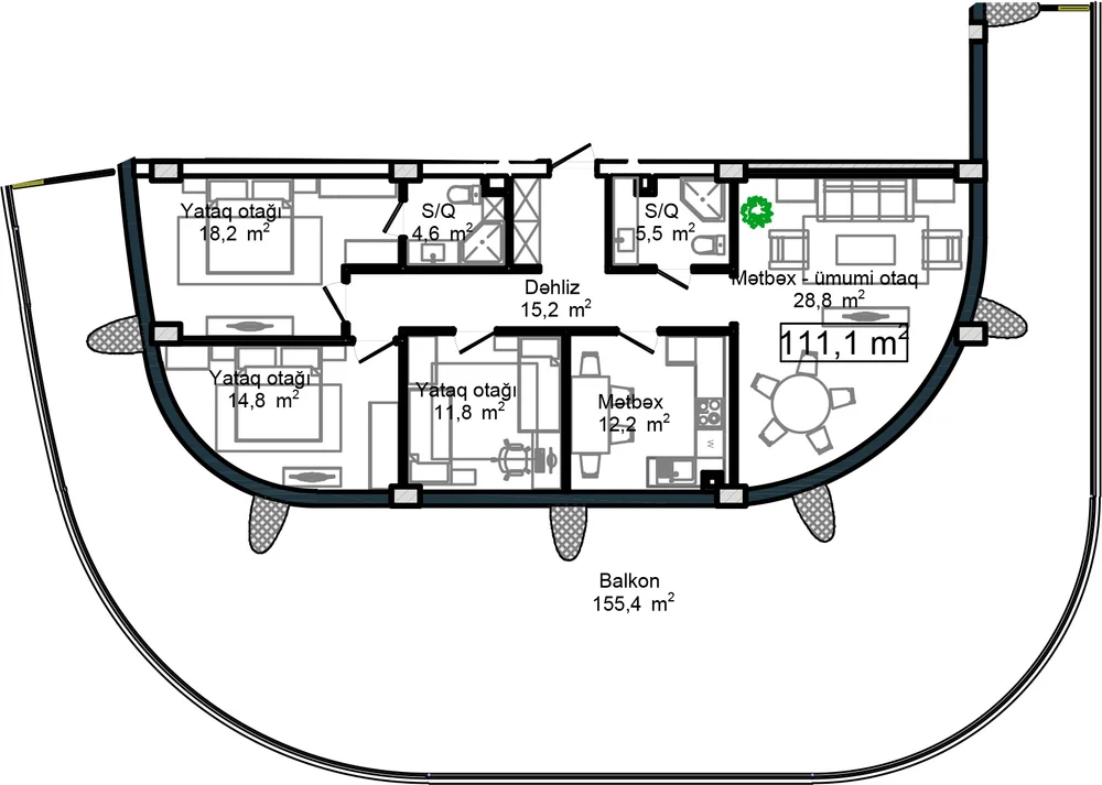 3 otaqlı plan, plan 3