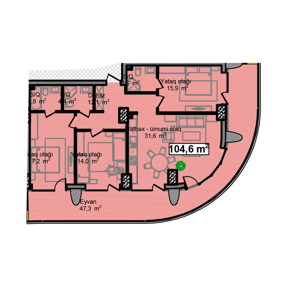 3 otaqlı plan, plan 5