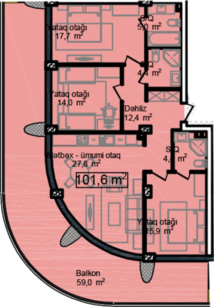3 otaqlı plan, plan 6