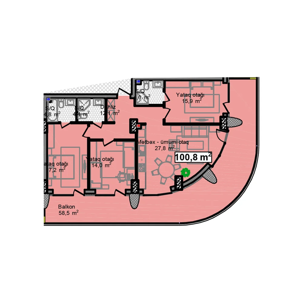 3 otaqlı plan, plan 7