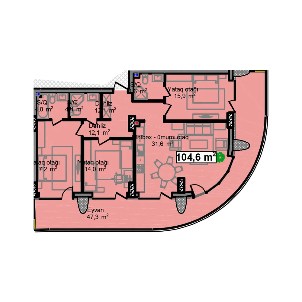 3 otaqlı plan, plan 8