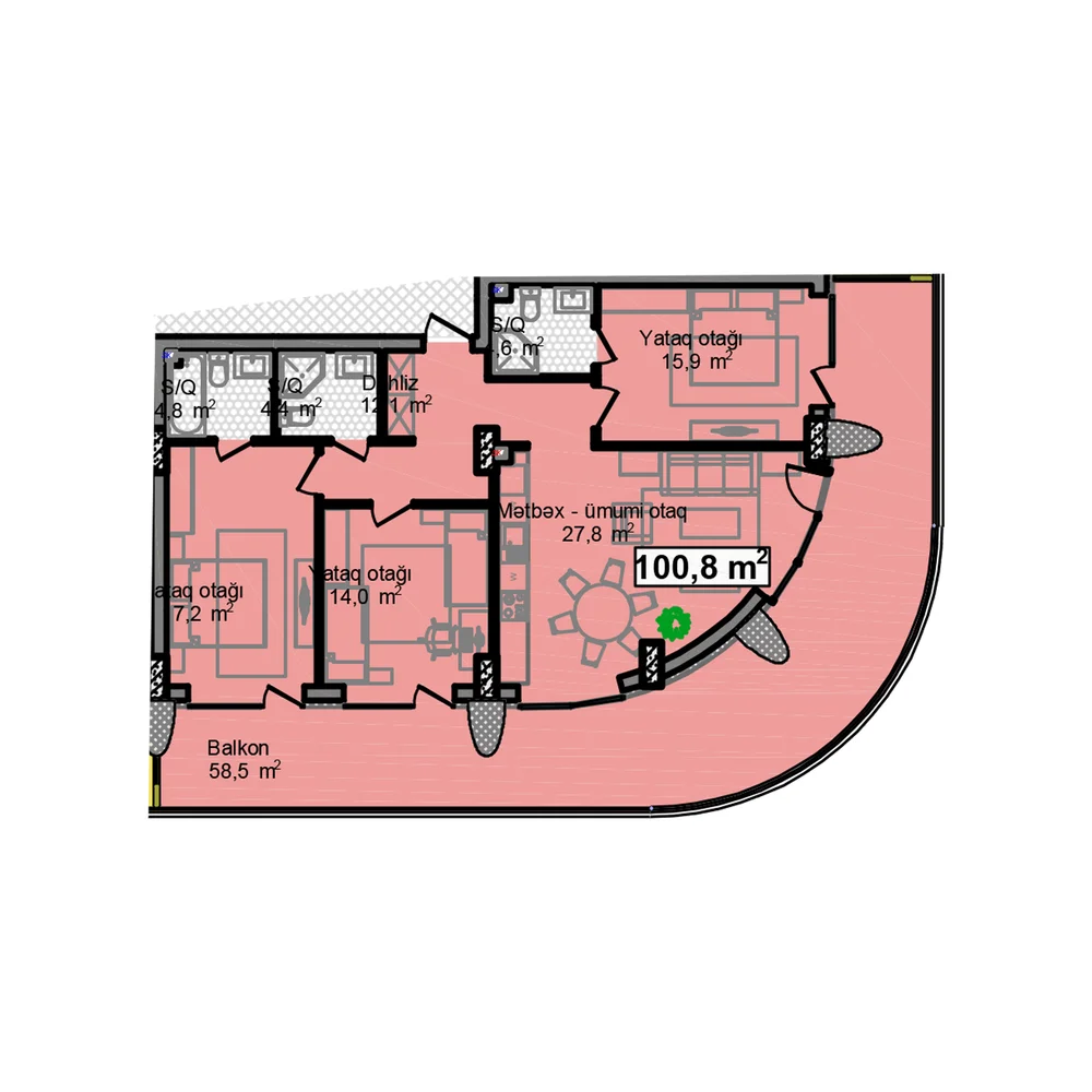 3 otaqlı plan, plan 9